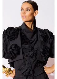 Solid Tech Cotton Taffeta Black 3D Embroidered Bolero