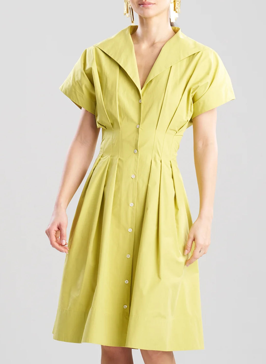 Solid Tech Cotton Taffeta Chartreuse Pleat Release Button Down Shirt Dress