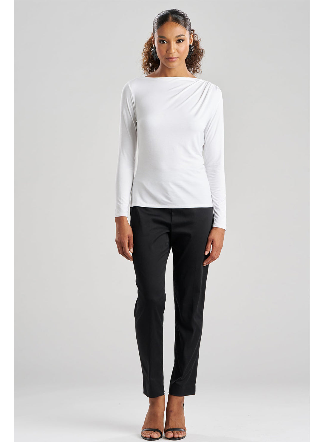 Feather Lightweight Knit White Ruched Long Sleeve Top