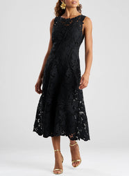 Peony Floral Lace Black Asymmetric Seam Dress