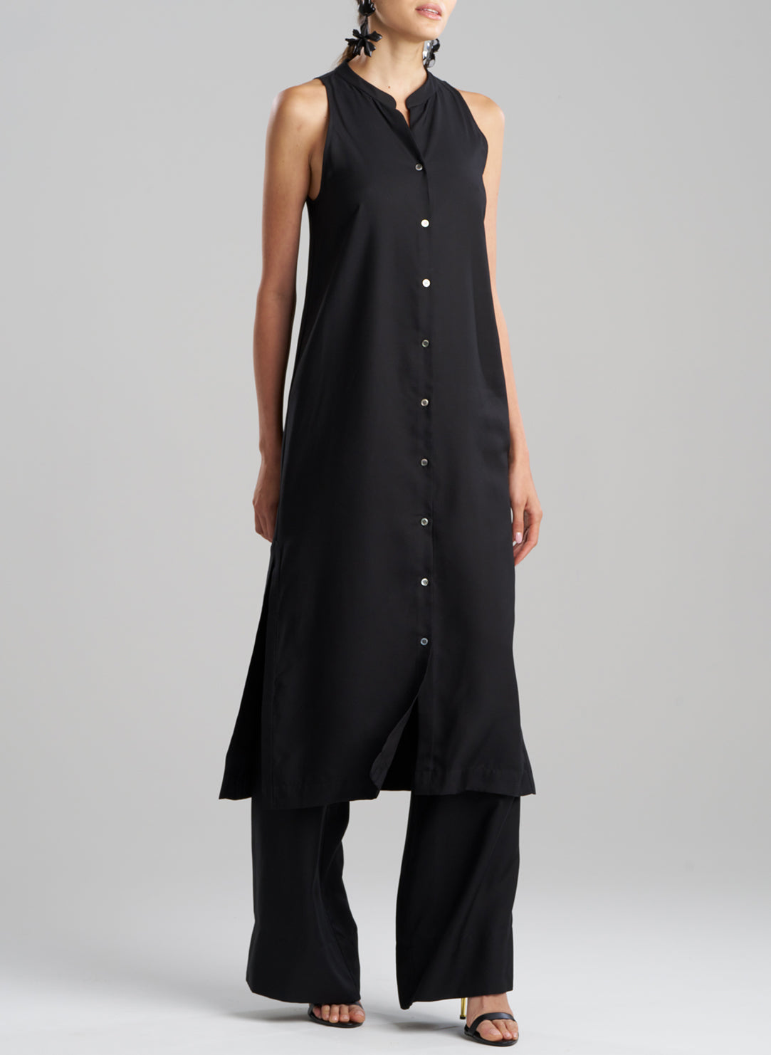 Cotton Silk Twill Black Sleeveless Tunic