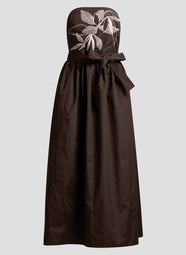 Solid Techno Poplin Dark Brown Strapless Belted Dress with Embroidery