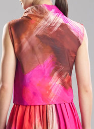 Brushstroke Magenta Cotton Taffeta Asymmetric Funnel Neck Top