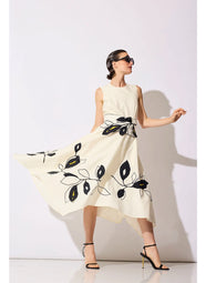 Tech Cotton Taffeta Whisper White Origami Dress with Embroidery