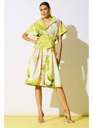 Orchid Cotton Poplin Chartreuse Pleat Release Button Dress