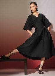 Canvas Black V-Neck Pleat Dress with Embroidery