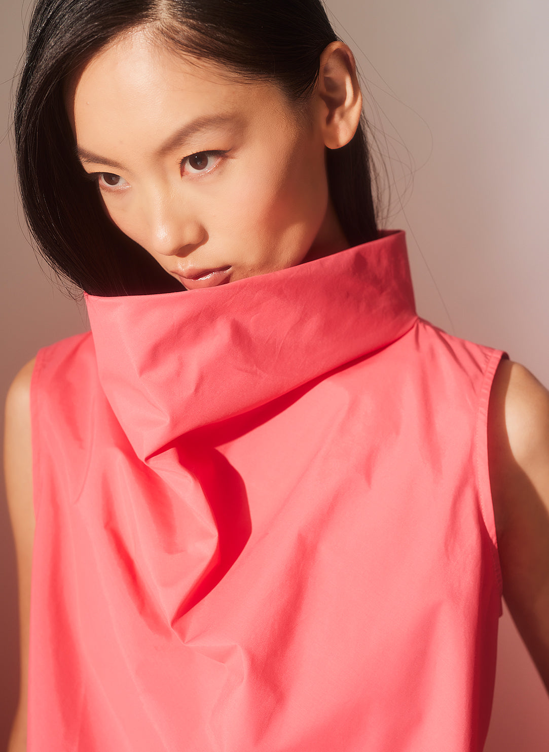 Techno Poplin Coral Funnel Neck Top