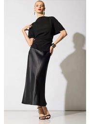 Stretch Crepe Black Asymmetric Draped Top