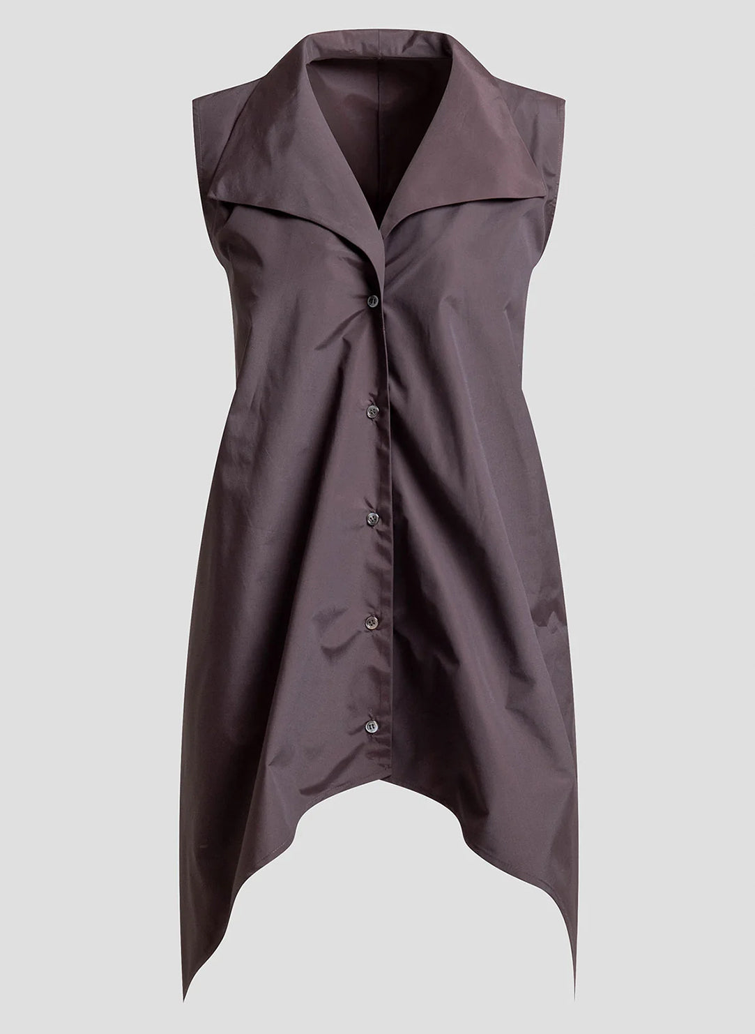 Solid Techno Poplin Dark Brown Sleeveless Handkerchief Hem Shirt