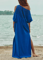 Celeste Eponge Bleu Terry Off Shoulder Maxi Dress