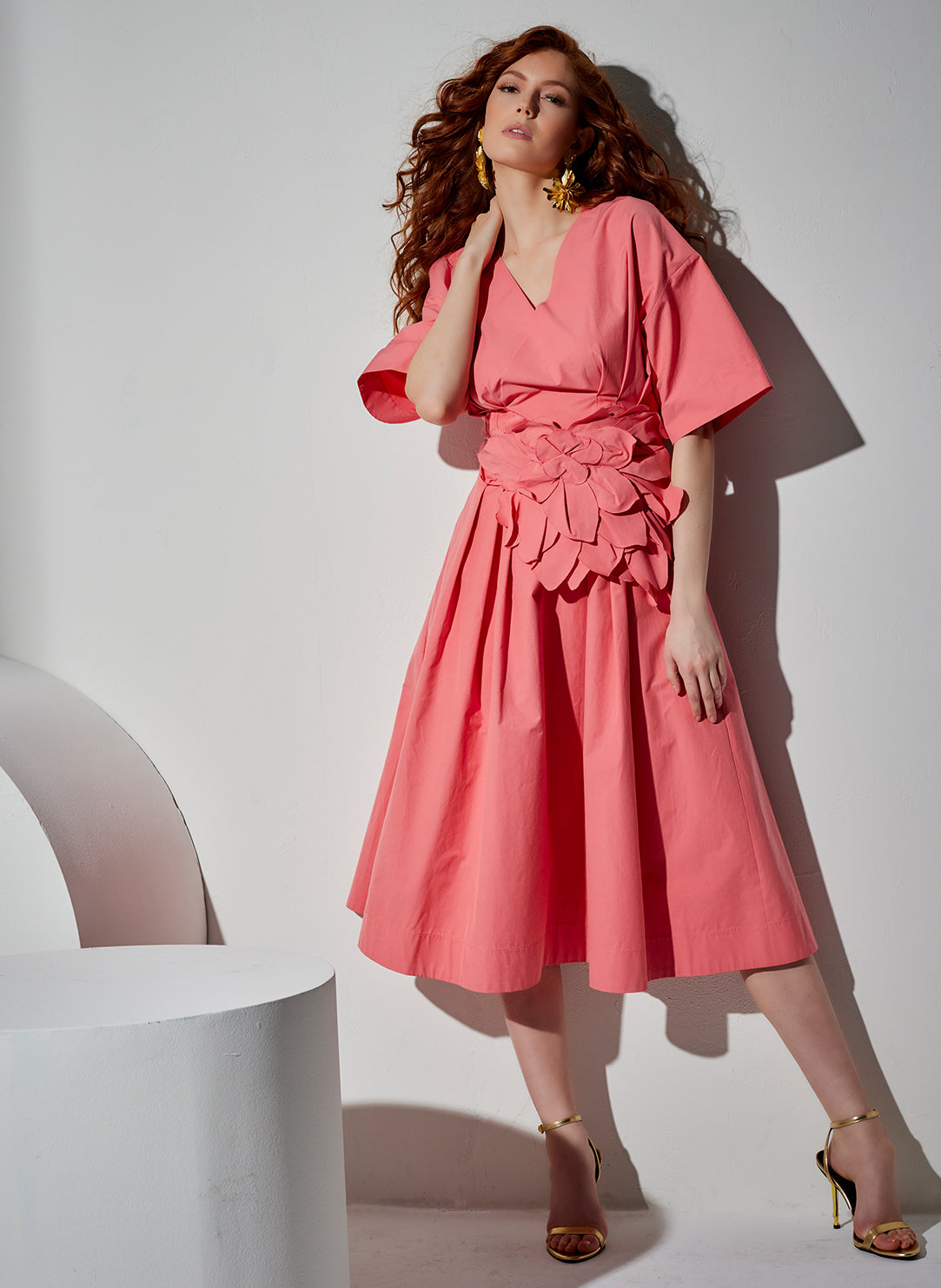 Tech Cotton Taffeta Flamingo V-Neck Pleat Dress