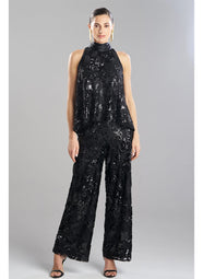 Floral Sequin Lace Black Halter Scarf Top