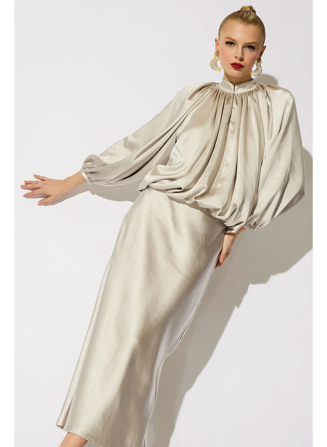 Luxe Satin Pearl Pull on Midi Skirt