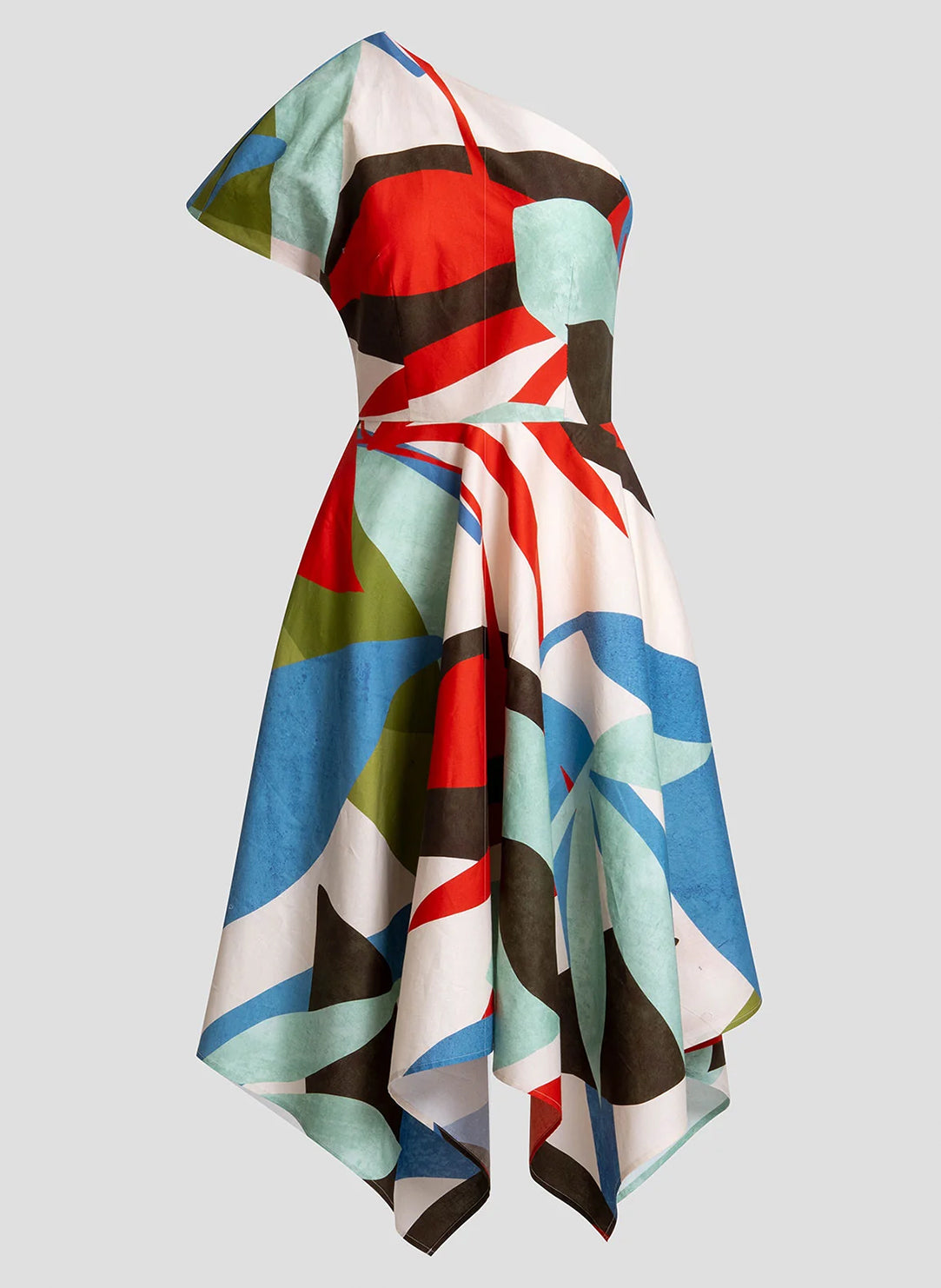 Abstract Palm Cotton Poplin Multi One Shoulder Dress