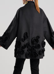 Felt Black Short Trapeze Coat with 3D Floral Embroidery