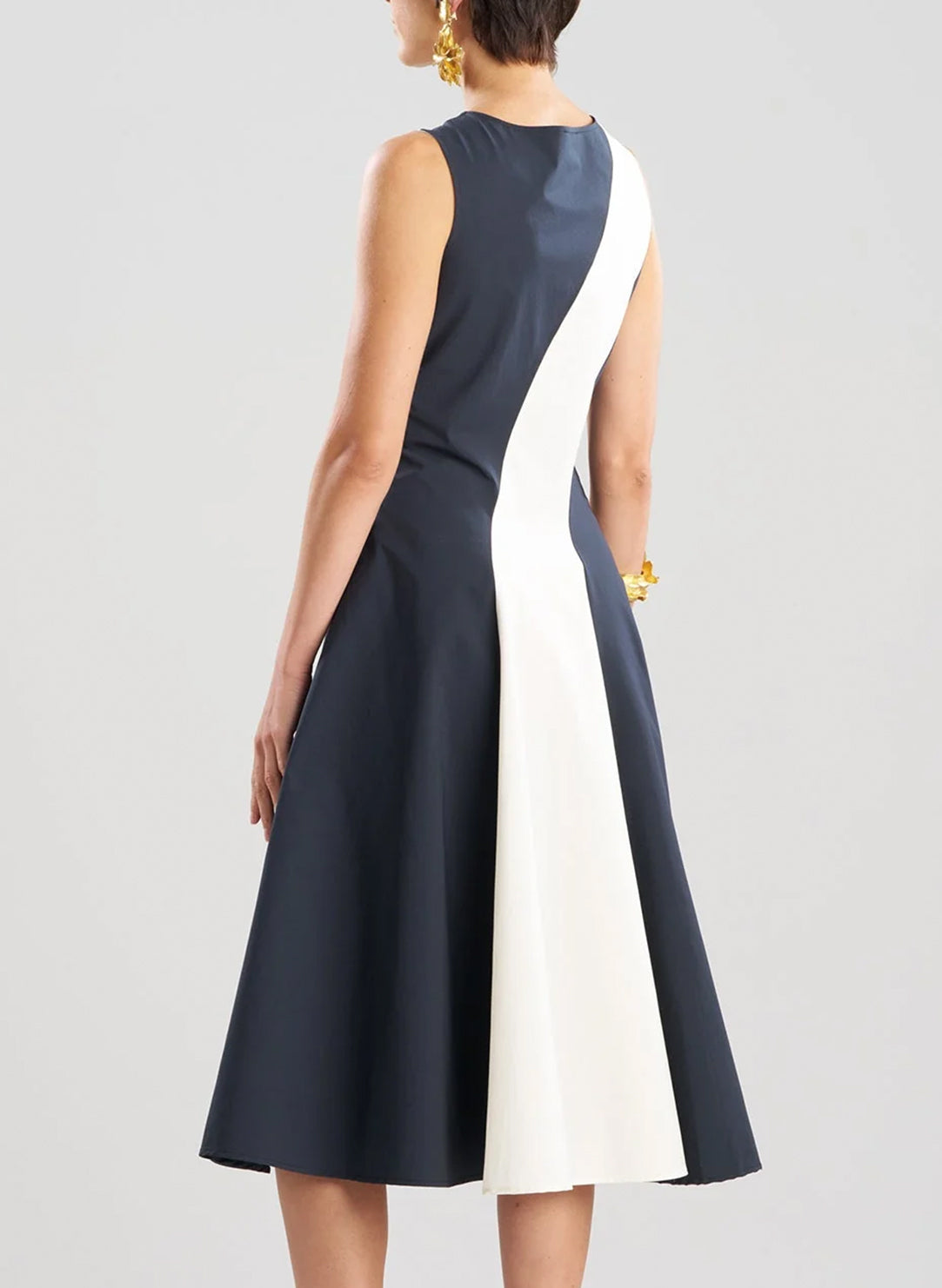 Color Blocked Tech Cotton Taffeta Black/White Asymetric Seam Dress