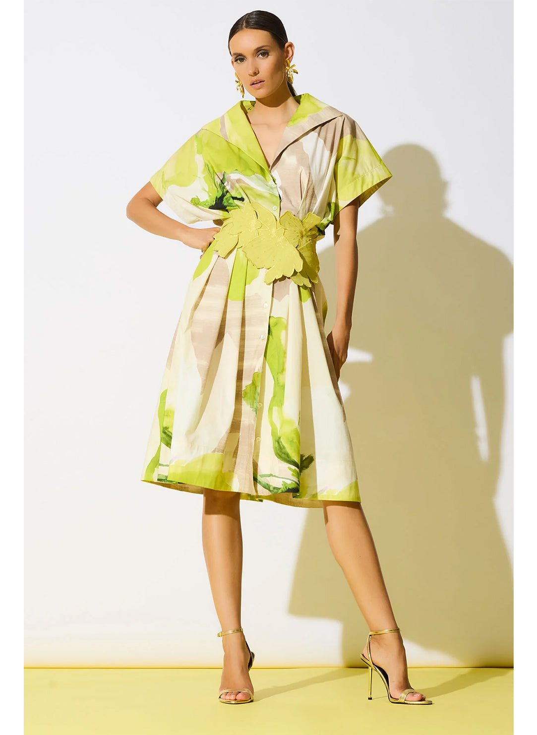 Tech Cotton Taffeta Chartreuse 3D Embroidered Obi Belt