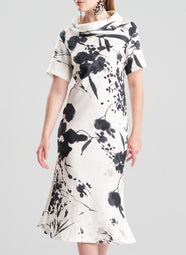 Nara Silk Twill Black/White Drape Neck Column Dress
