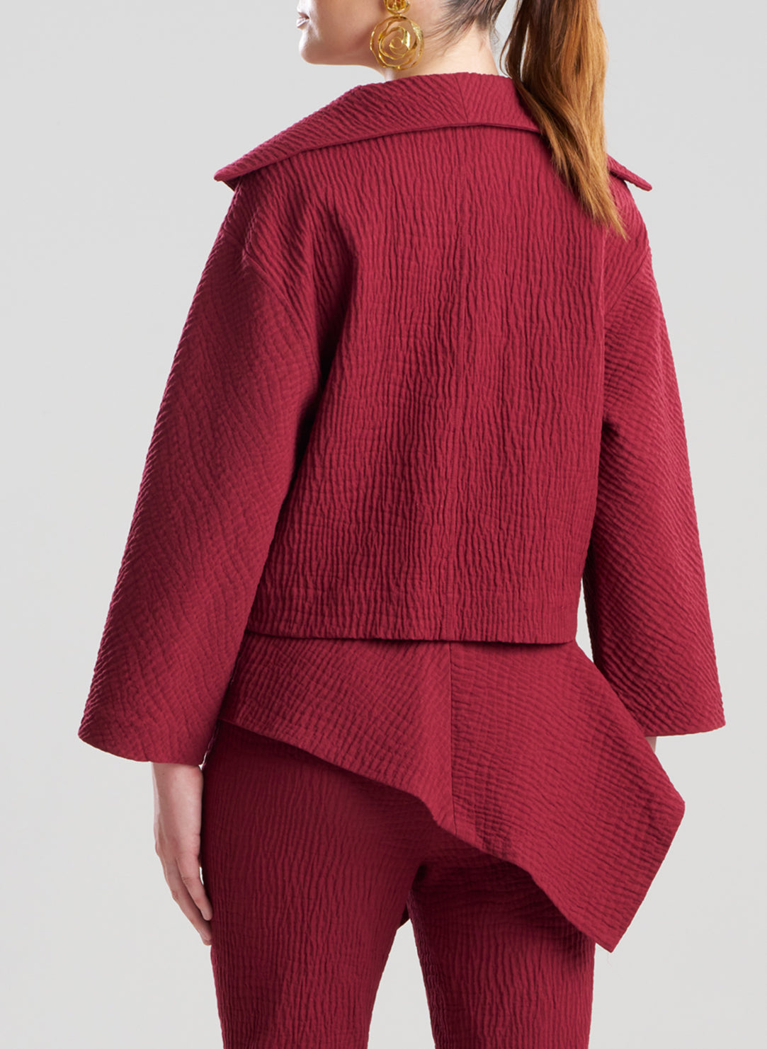 Textured Cotton Jacquard Ruby Stand Collar Jacket