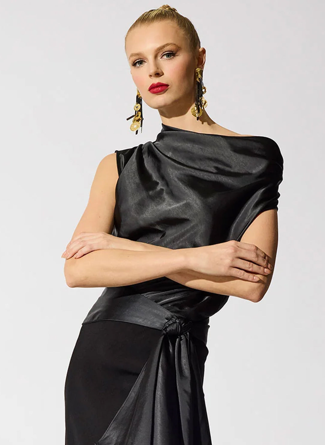 Luxe Satin Black Drape Neck Top