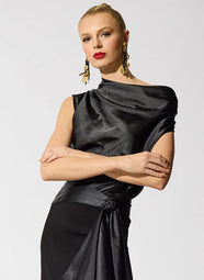 Luxe Satin Black Drape Neck Top