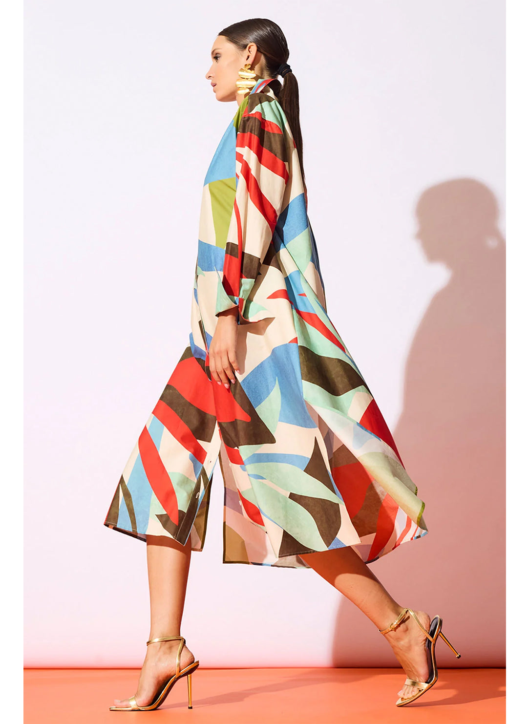 Abstract Palm Cotton Poplin Multi Button Down Shirt Dress