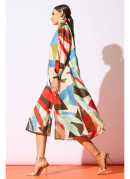 Abstract Palm Cotton Poplin Multi Button Down Shirt Dress