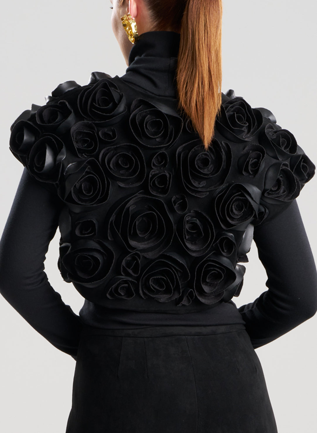 Vegan Luxe Suede Black Vest with 3D Floral Embroidery