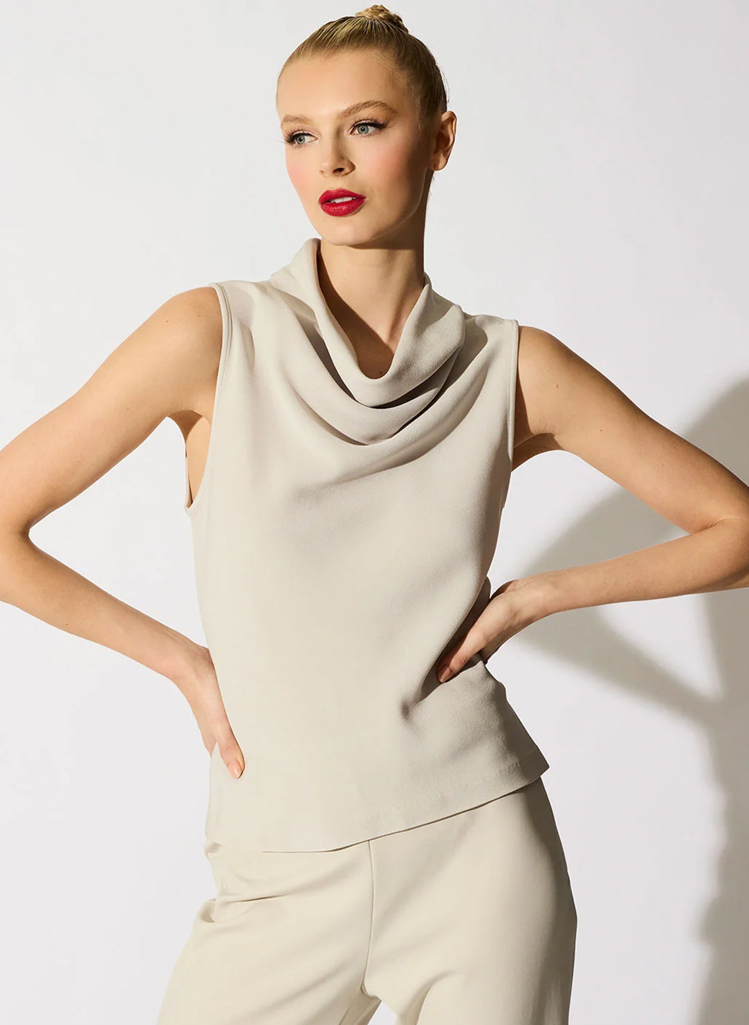 Stretch Crepe Pearl Funnel Neck Top