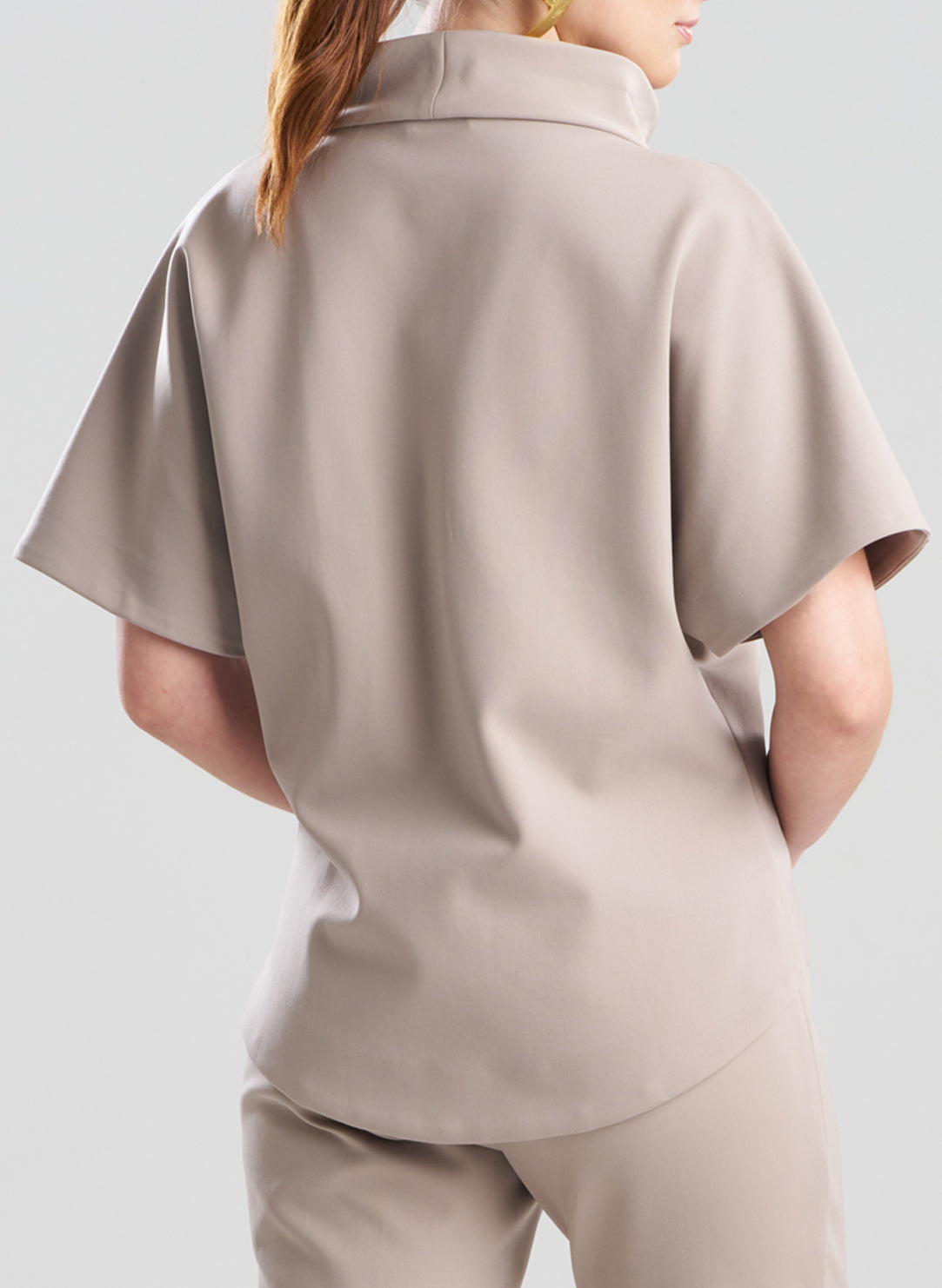 Techno Crepe Taupe Funnel Neck High Low Top