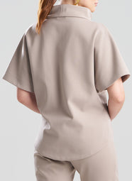 Techno Crepe Taupe Funnel Neck High Low Top