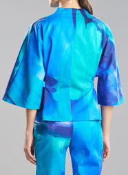 Brushstroke Blue Cotton Chino Belted Kimono Jacket