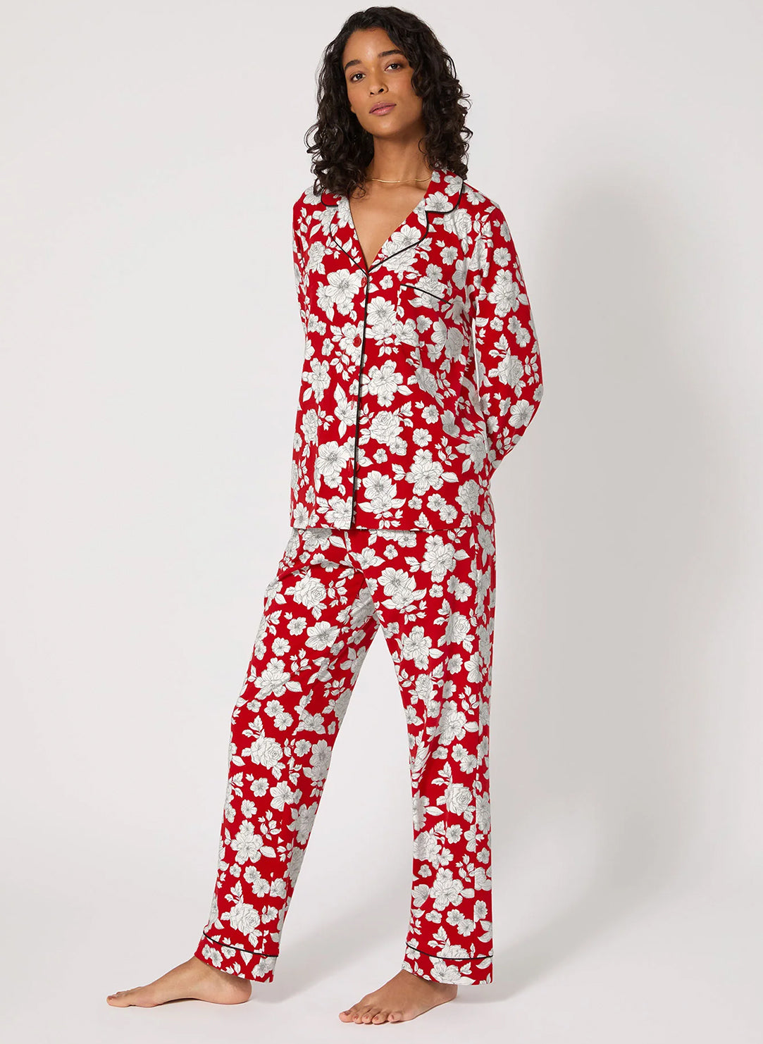 Floral Charm Red Long Pajama Set