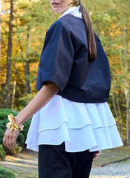 Solid Techno Poplin White Tiered Hem Short Sleeve Shirt
