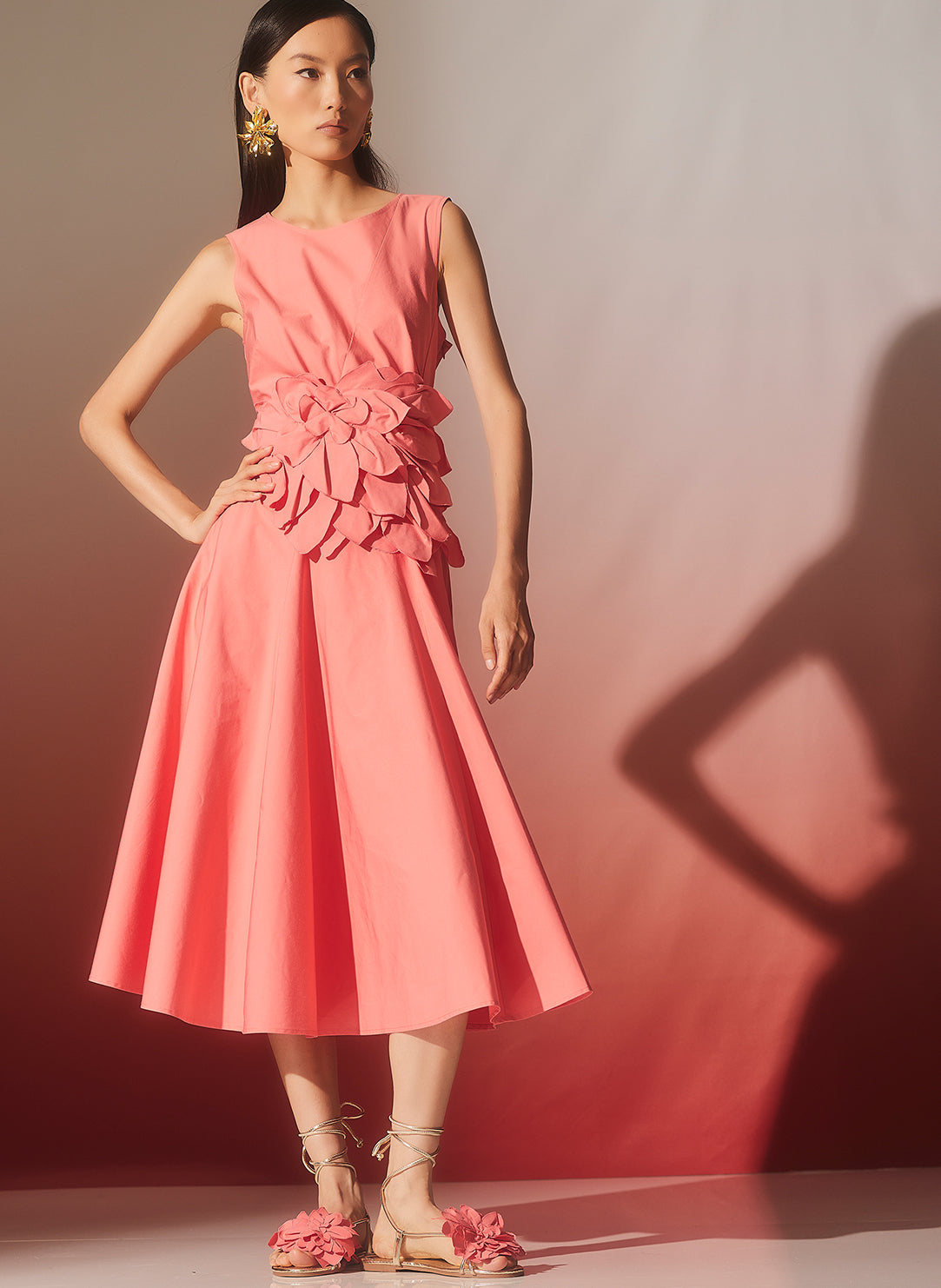 Tech Cotton Taffeta Flamingo Asymmetrical Seam Dress