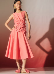 Tech Cotton Taffeta Flamingo Asymmetrical Seam Dress