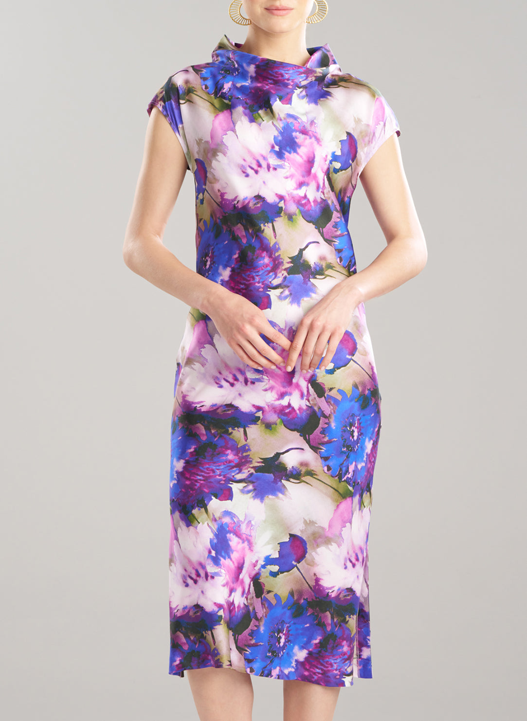 Autumn Floral Silk Twill Purple Drape Neck Cap Sleeve Sheath Dress