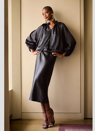 Luxe Satin Black Pull on Midi Skirt
