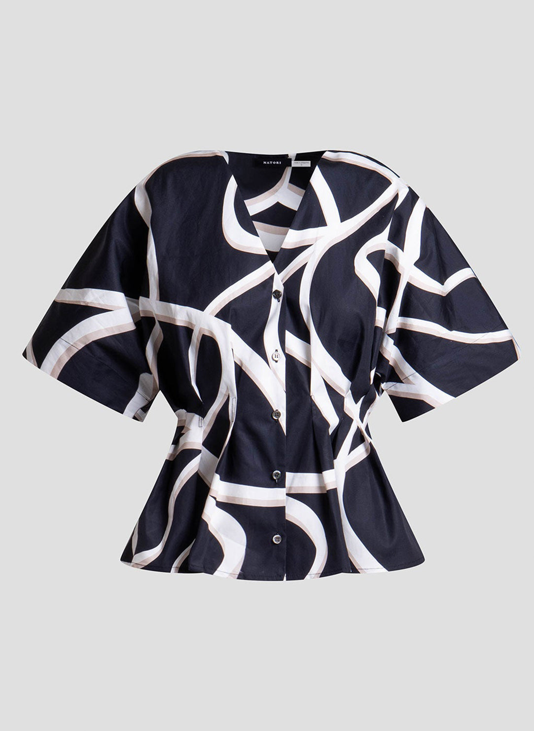 Spiral Cotton Taffeta Black/White Short Sleeve Pleat Release Button Down Shirt