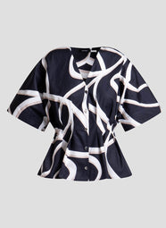 Spiral Cotton Taffeta Black/White Short Sleeve Pleat Release Button Down Shirt