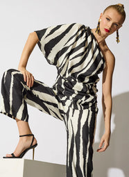 Zebra Silk Twill Black/White Pull on Straight Leg Pant