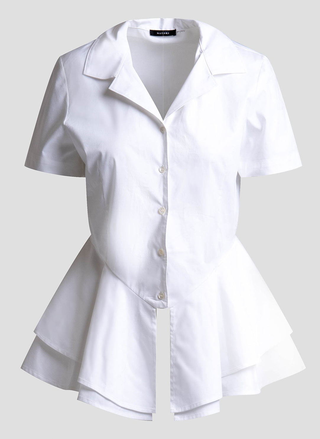 Solid Techno Poplin White Tiered Hem Short Sleeve Shirt