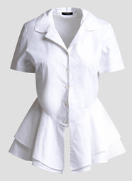 Solid Techno Poplin White Tiered Hem Short Sleeve Shirt
