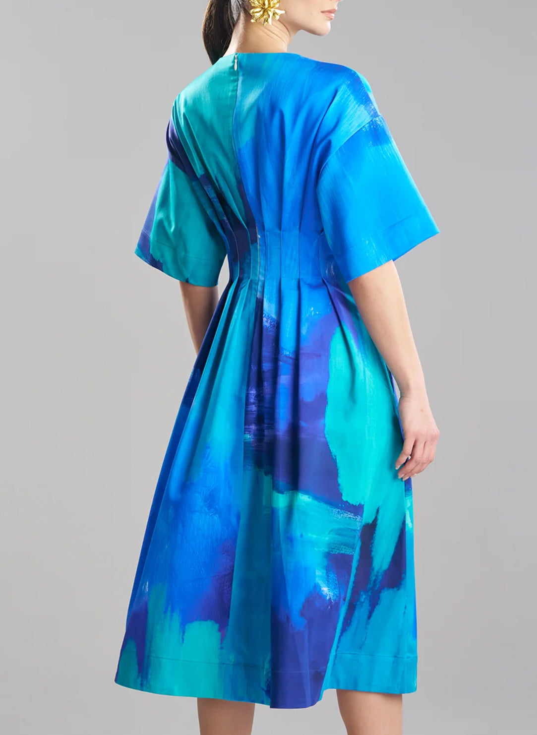 Brushstroke Blue Cotton Chino V-Neck Pleat Dress