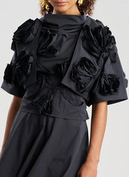 Solid Tech Cotton Taffeta Black 3D Embroidered Bolero