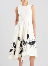 Tech Cotton Taffeta Whisper White Origami Dress with Embroidery