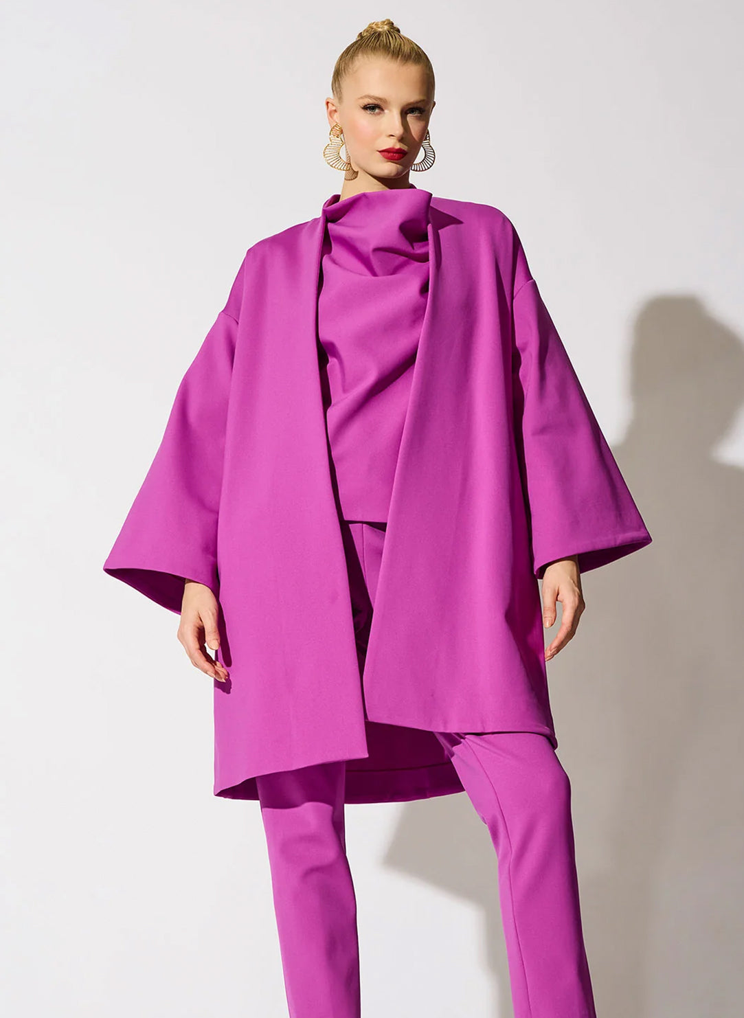 Techno Crepe Magenta Funnel Neck High Low Top
