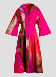 Brushstroke Magenta Cotton Taffeta Bell Sleeve Dress