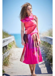 Brushstroke Magenta Cotton Taffeta Asymmetric Funnel Neck Top