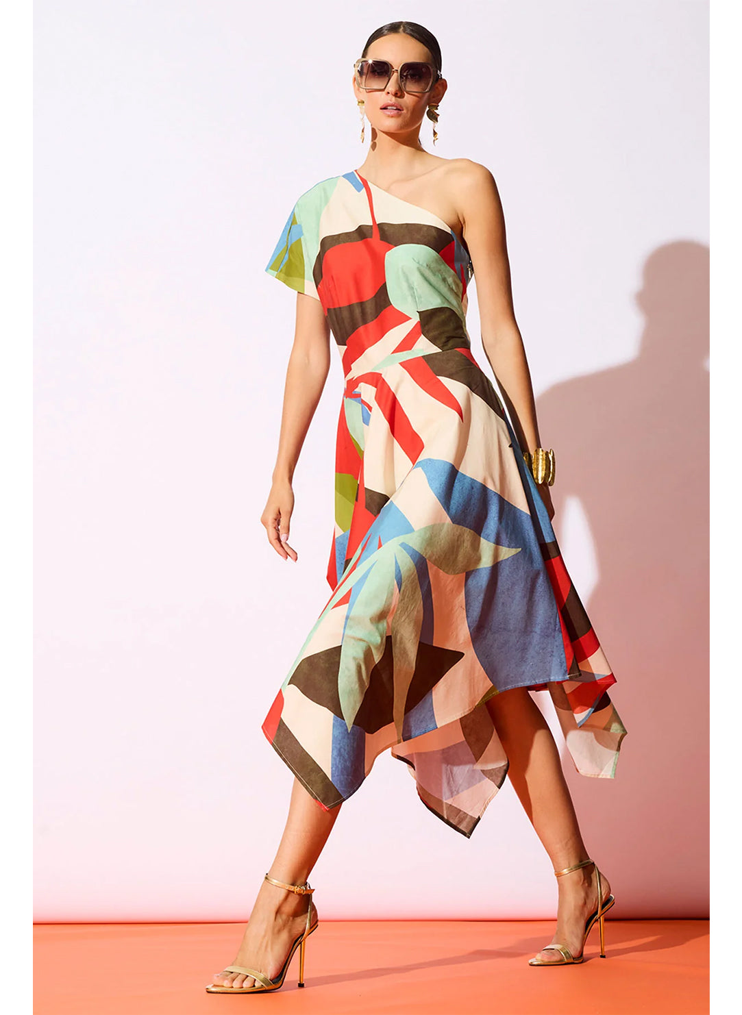 Abstract Palm Cotton Poplin Multi One Shoulder Dress